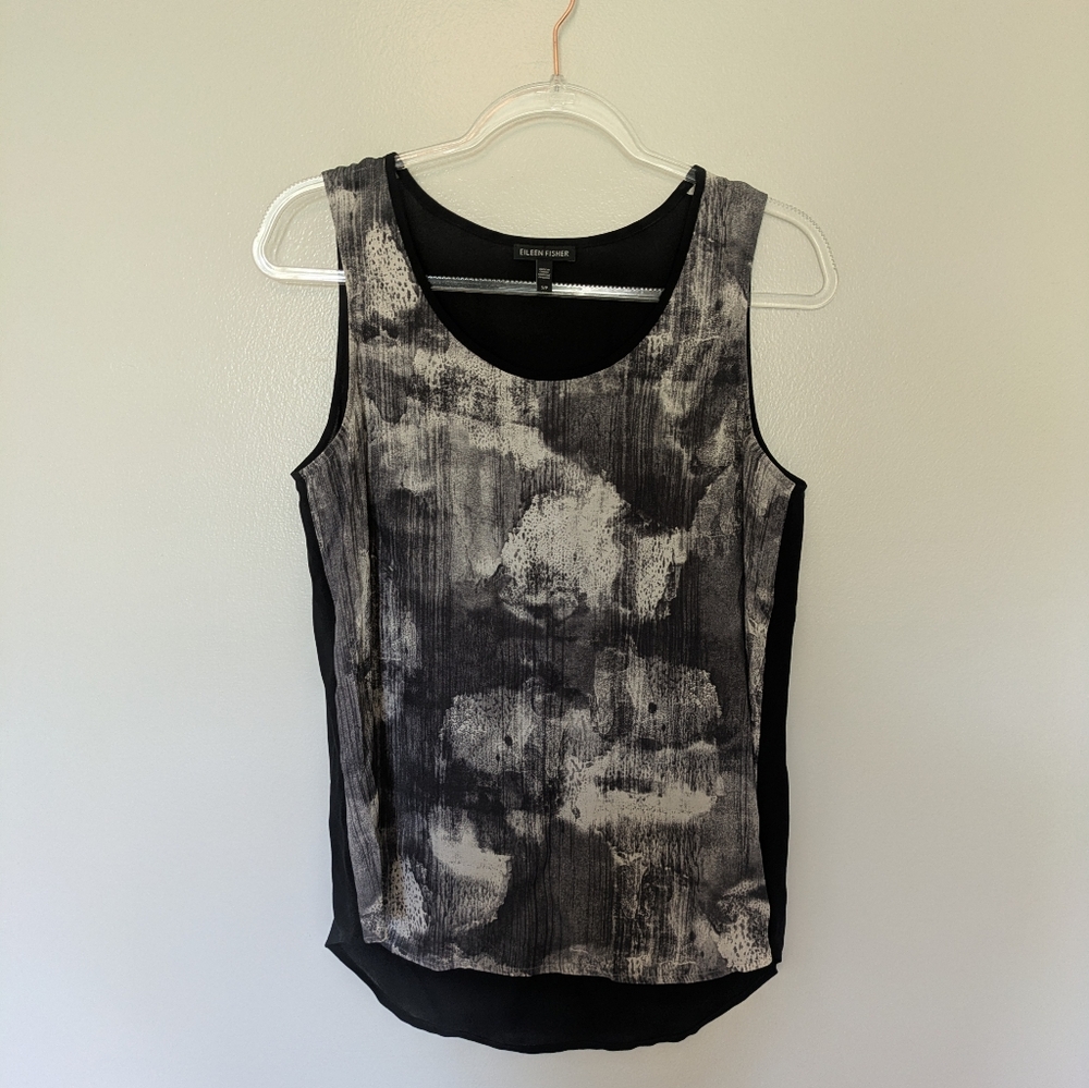 Eileen Fisher Silk Tank Top Abstract Print Grey Black Small